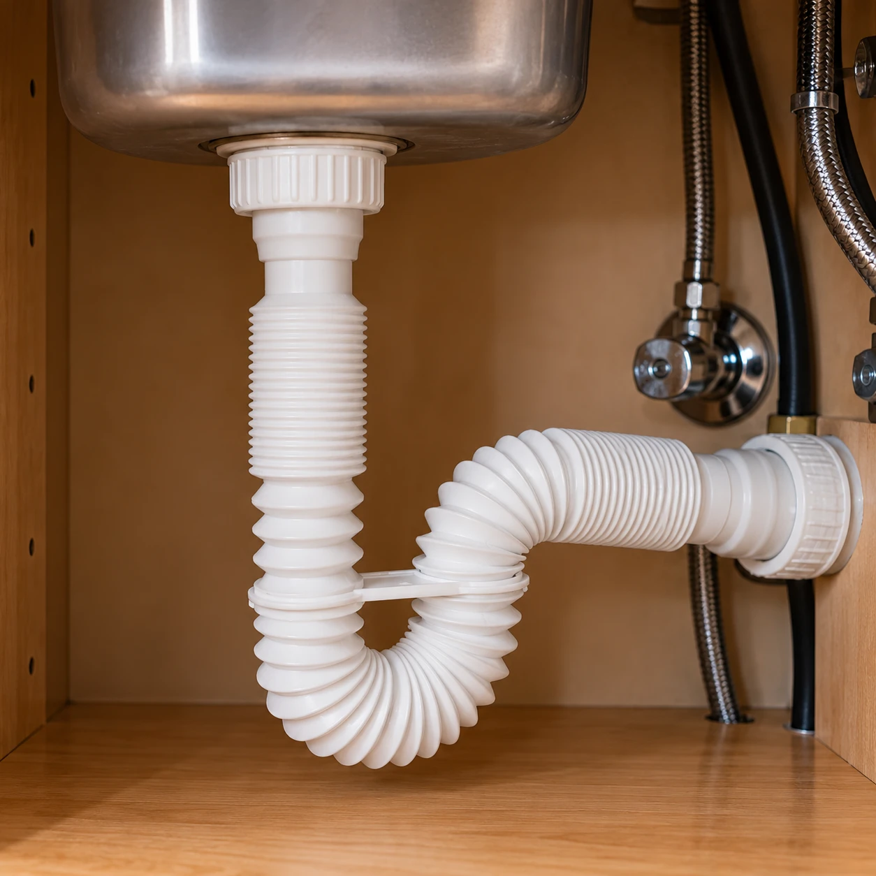 White ridged flex tube drain curving into a U-shape under a sink, connecting the sink tailpiece to the wall drain